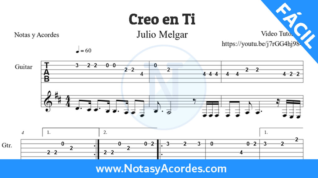 Tablaturas de Alabanzas Fáciles para Guitarra - Creo En Ti (Julio Melgar)